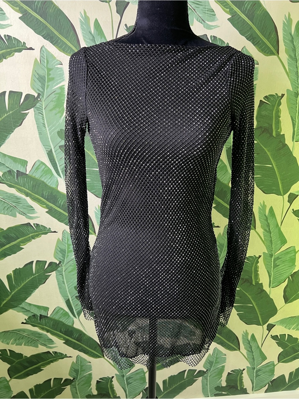 Oh Polly Diamanté Crystal Mesh Long Sleeve Low Back Sheer Mini Dress Womens 0 XS